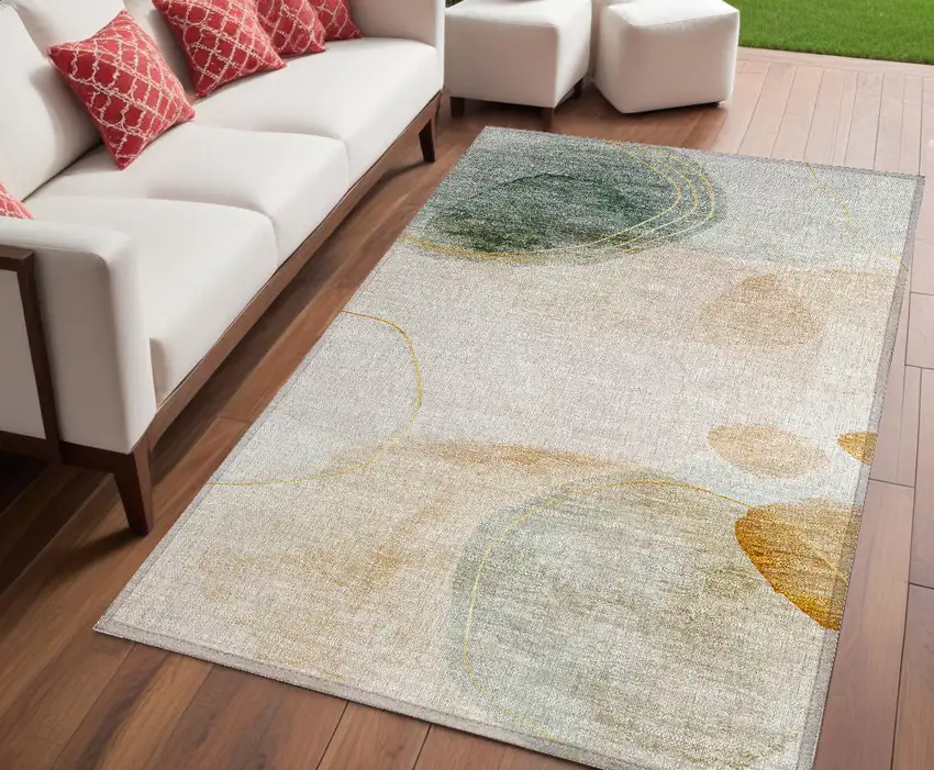 Beige and Green Abstract Washable Non Skid Indoor Outdoor Area Rug Photo 1