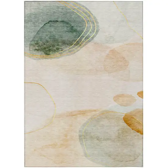 Beige and Green Abstract Washable Non Skid Indoor Outdoor Area Rug Photo 2