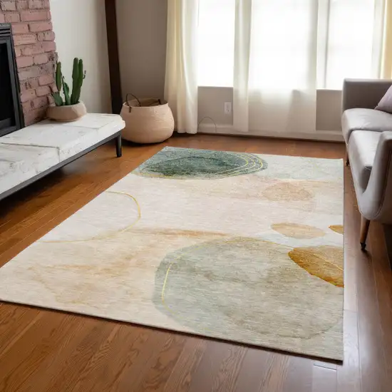 Beige and Green Abstract Washable Non Skid Indoor Outdoor Area Rug Photo 9
