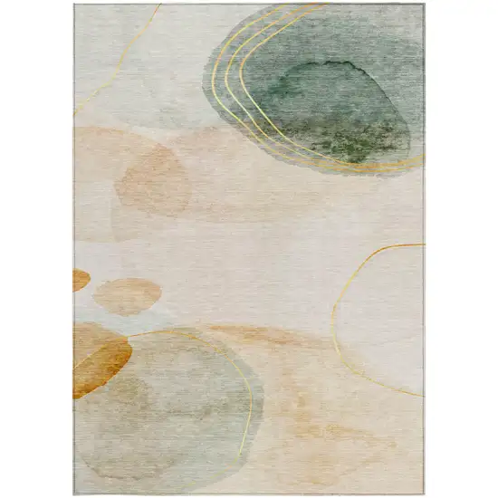 Beige and Green Abstract Washable Non Skid Indoor Outdoor Area Rug Photo 3