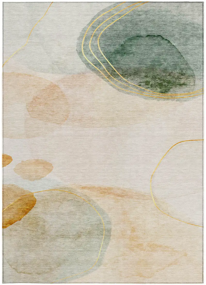 Beige and Green Abstract Washable Non Skid Indoor Outdoor Area Rug Photo 3