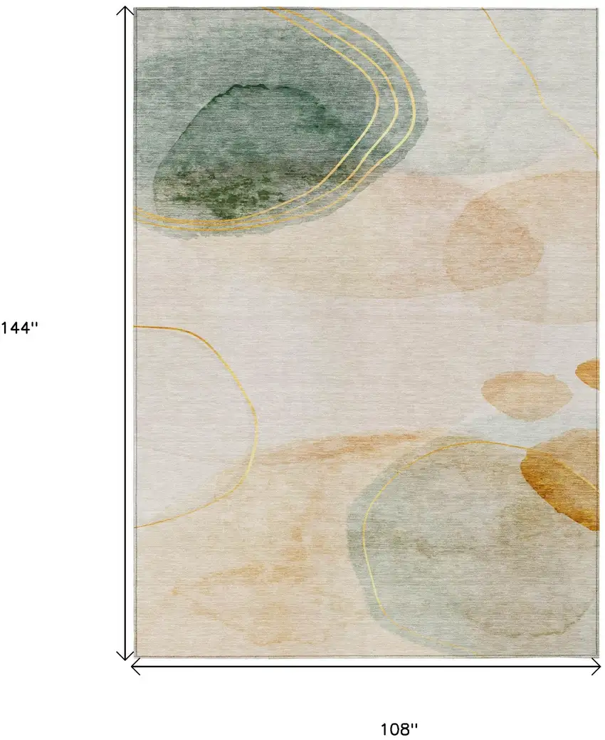 Beige and Green Abstract Washable Non Skid Indoor Outdoor Area Rug Photo 3