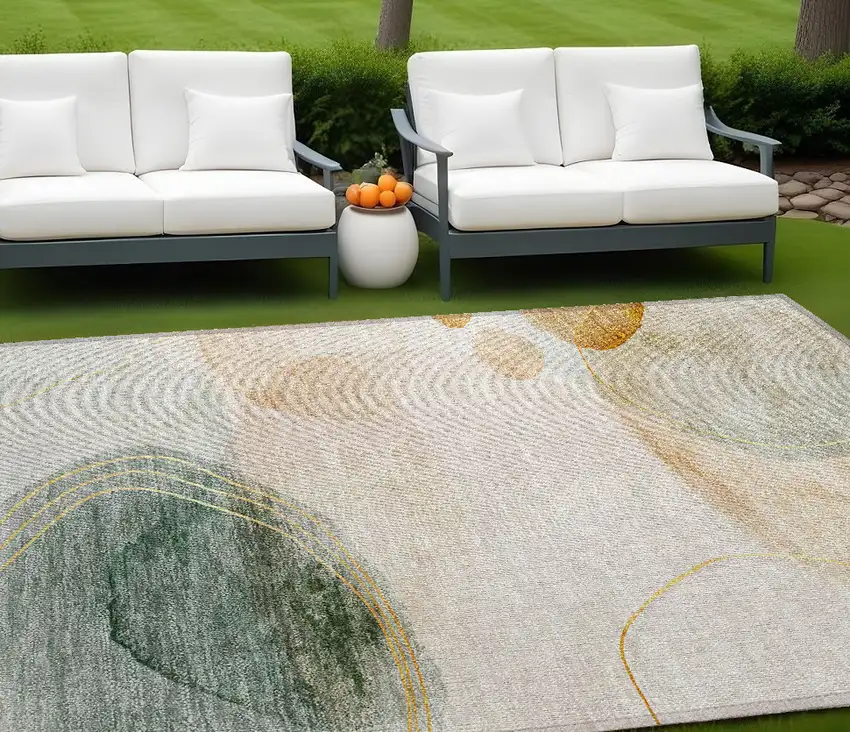 Beige and Green Abstract Washable Non Skid Indoor Outdoor Area Rug Photo 1