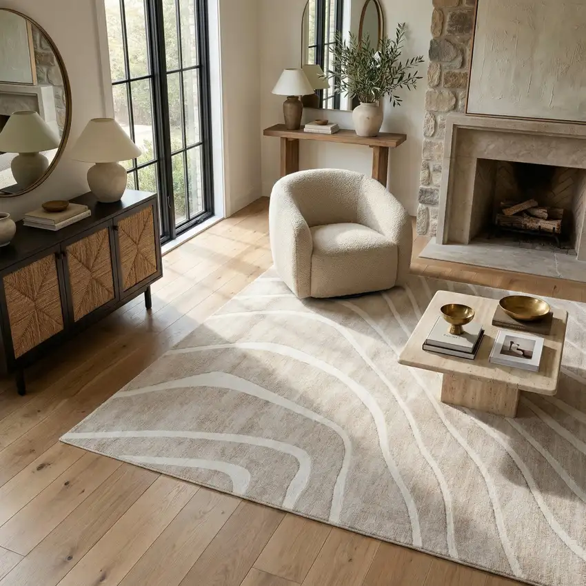 Beige and Ivory Abstract Distressed Area Rug Photo 6