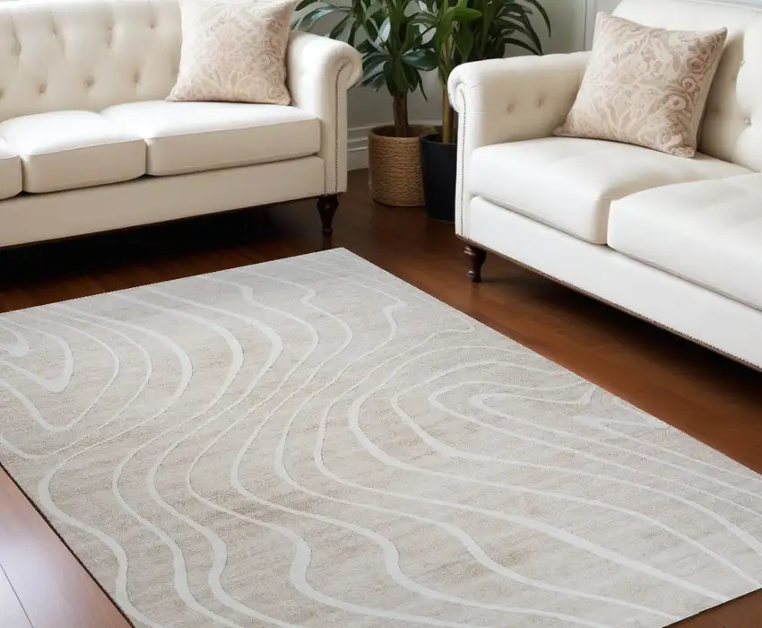 Beige and Ivory Abstract Distressed Area Rug Photo 2