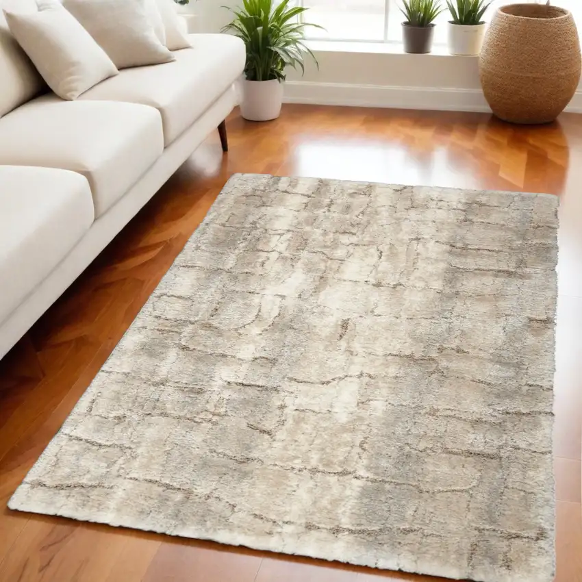 Beige and Ivory Abstract Shag Area Rug Photo 1
