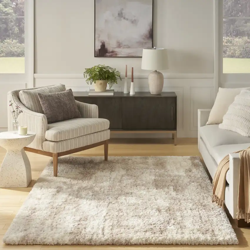 Beige and Ivory Abstract Shag Area Rug Photo 7