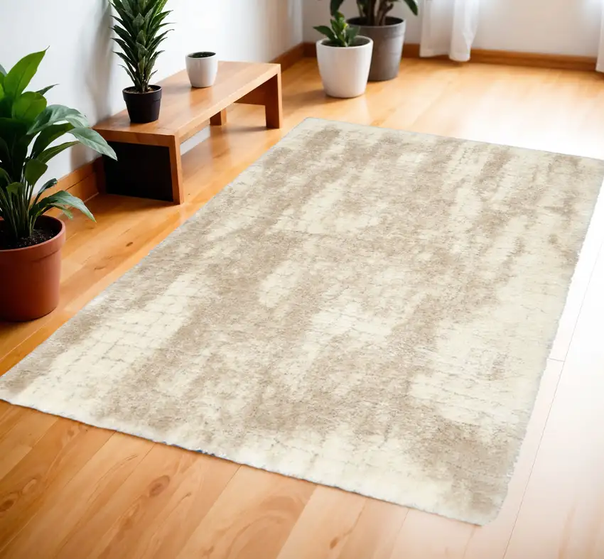 Beige and Ivory Abstract Shag Area Rug Photo 1