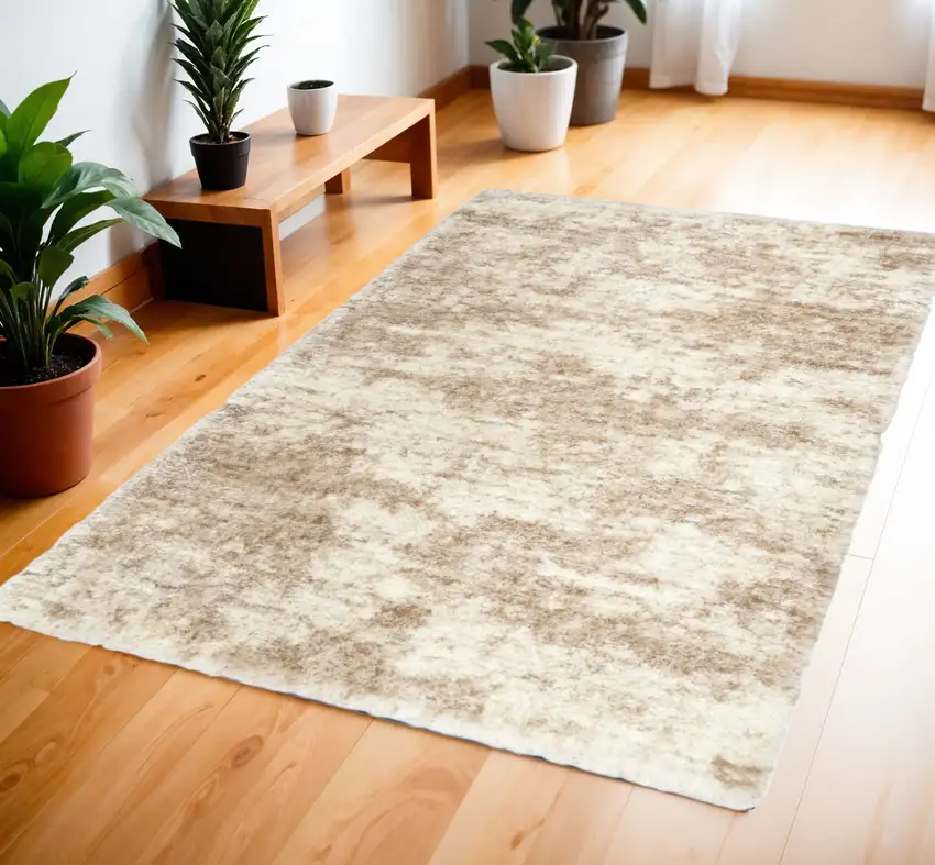 Beige and Ivory Abstract Shag Area Rug Photo 1