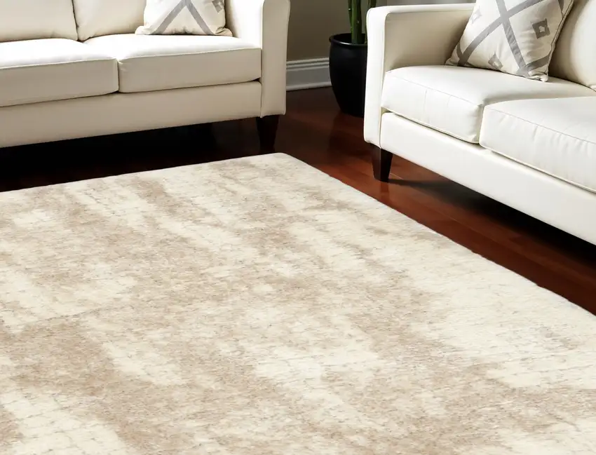 Beige and Ivory Abstract Shag Area Rug Photo 1