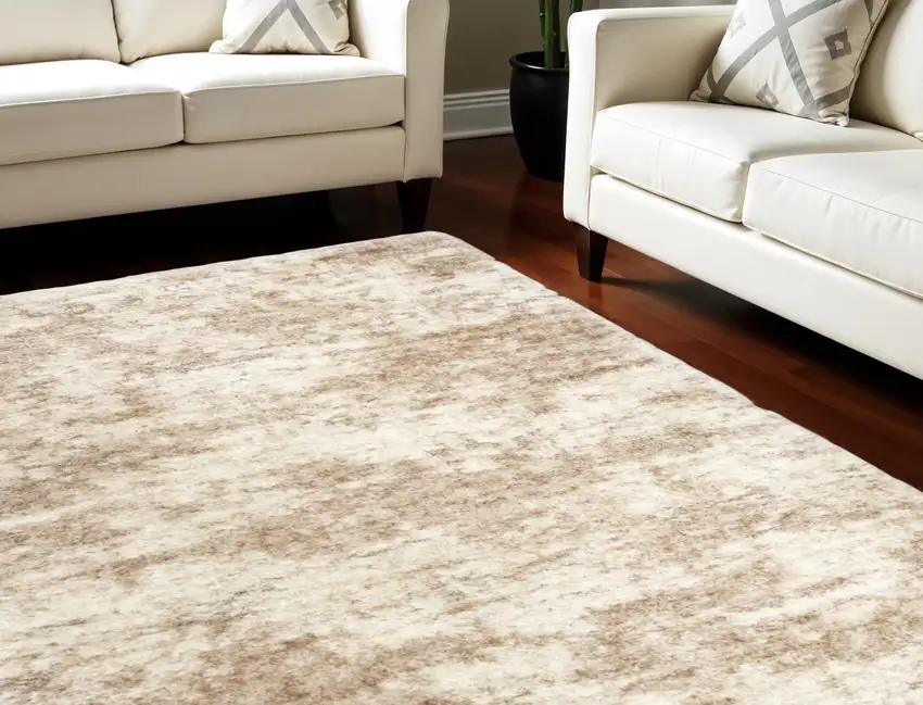Beige and Ivory Abstract Shag Area Rug Photo 1
