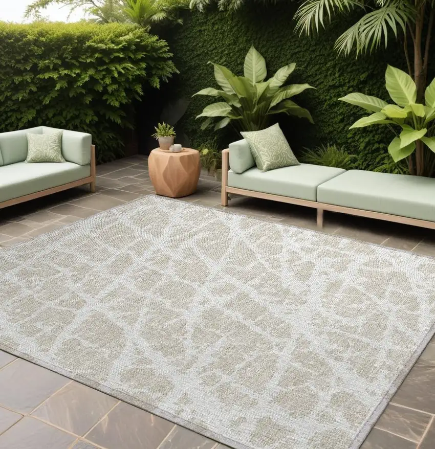 Beige and Ivory Abstract Washable Non Skid Indoor Outdoor Area Rug Photo 1