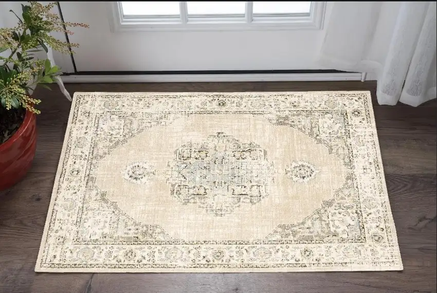 Beige and Ivory Power Loom Area Rug Photo 1