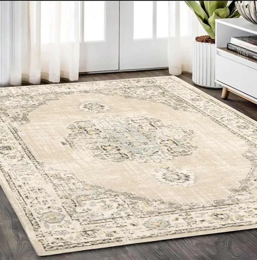 Beige And Ivory Center Jewel Area Rug Photo 1