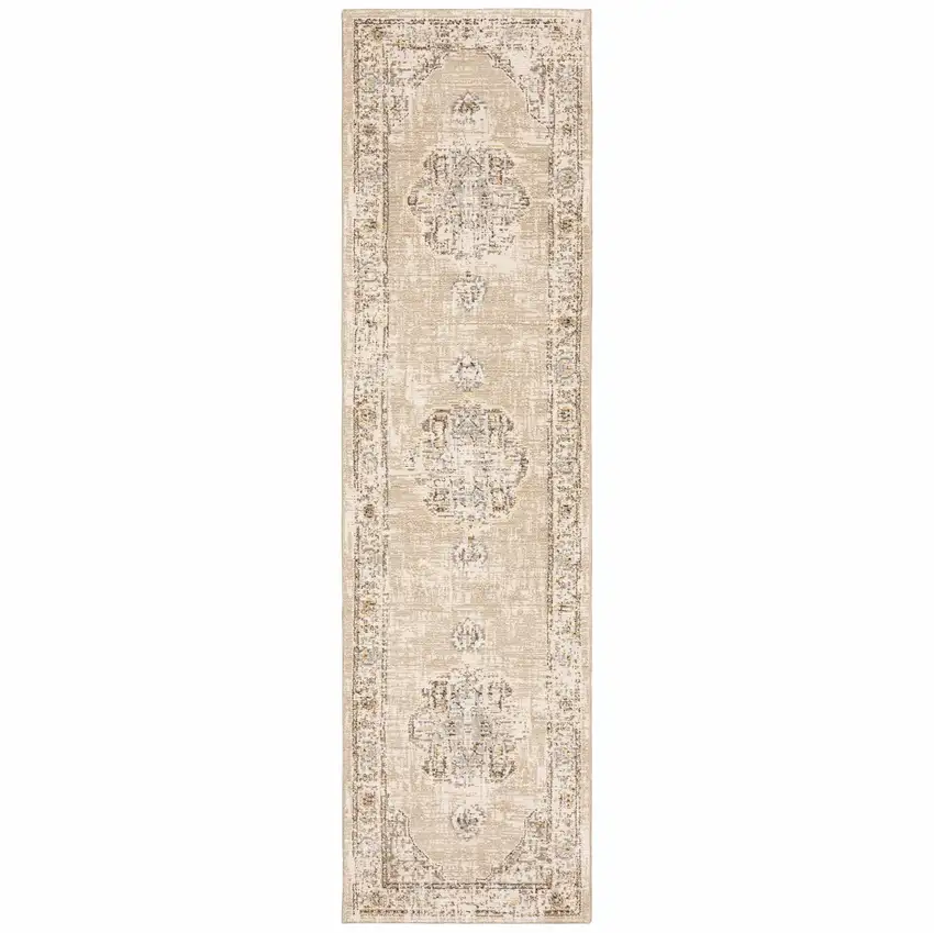 Beige and Ivory Center Jewel Runner Rug Photo 1