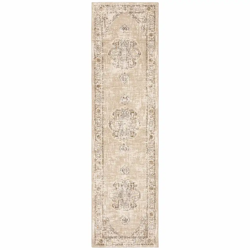Beige and Ivory Center Jewel Runner Rug Photo 6