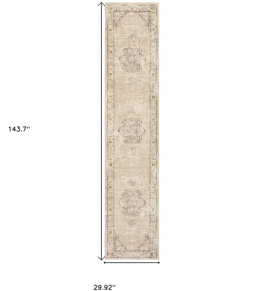 Beige and Ivory Center Jewel Runner Rug Photo 6