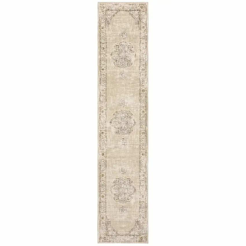 Beige and Ivory Center Jewel Runner Rug Photo 1