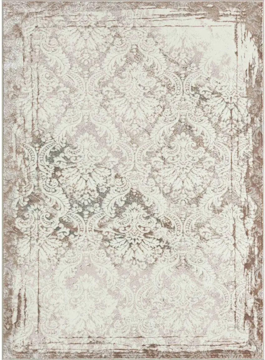 Beige and Ivory Damask Area Rug Photo 2