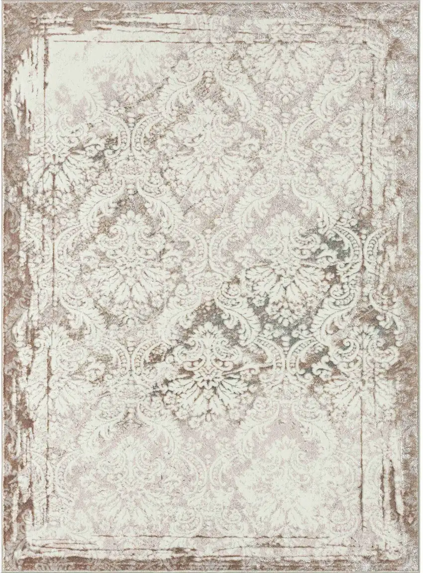 Beige and Ivory Damask Area Rug Photo 4