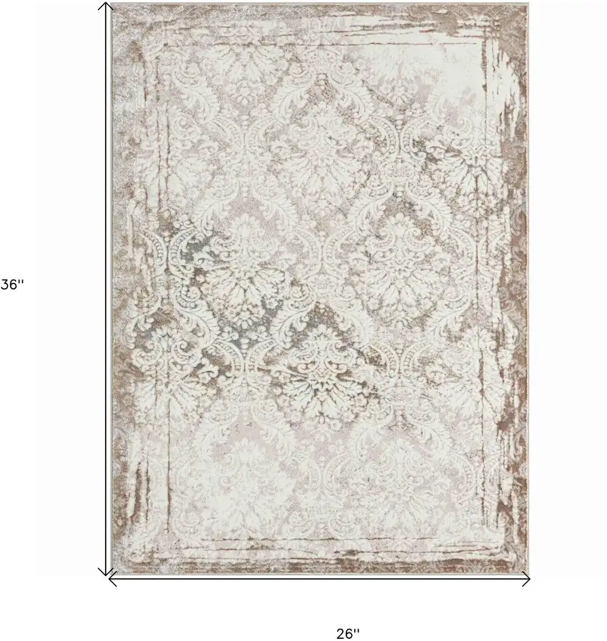 Beige and Ivory Damask Area Rug Photo 3