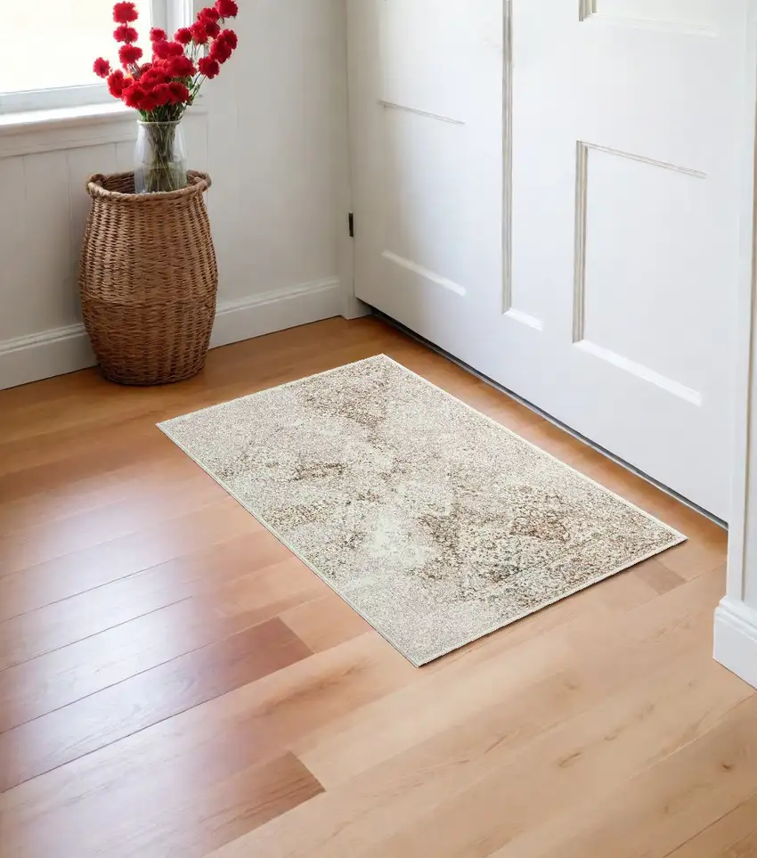Beige and Ivory Damask Area Rug Photo 1