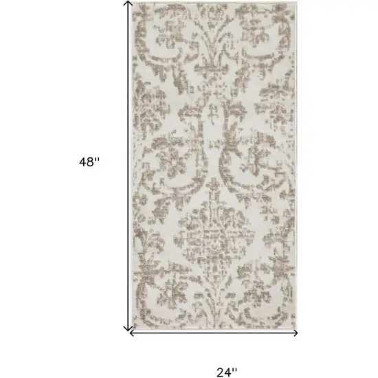 Beige and Ivory Damask Distressed Area Rug Photo 9