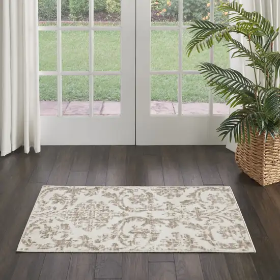 Beige and Ivory Damask Distressed Area Rug Photo 2