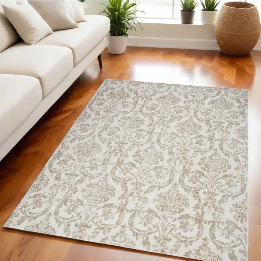 Beige and Ivory Damask Distressed Non Skid Area Rug Photo 1
