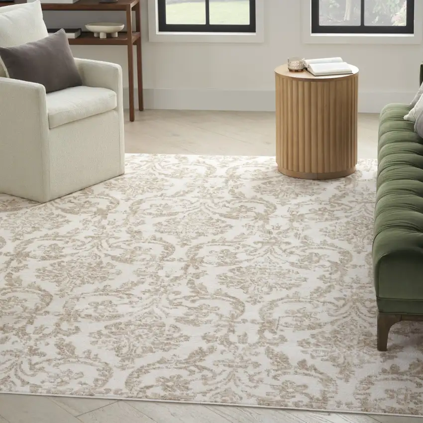 Beige and Ivory Damask Distressed Non Skid Area Rug Photo 8