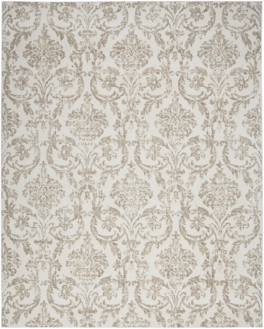 Beige and Ivory Damask Distressed Non Skid Area Rug Photo 2