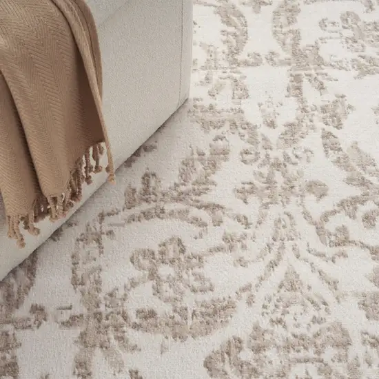 Beige and Ivory Damask Distressed Non Skid Area Rug Photo 8