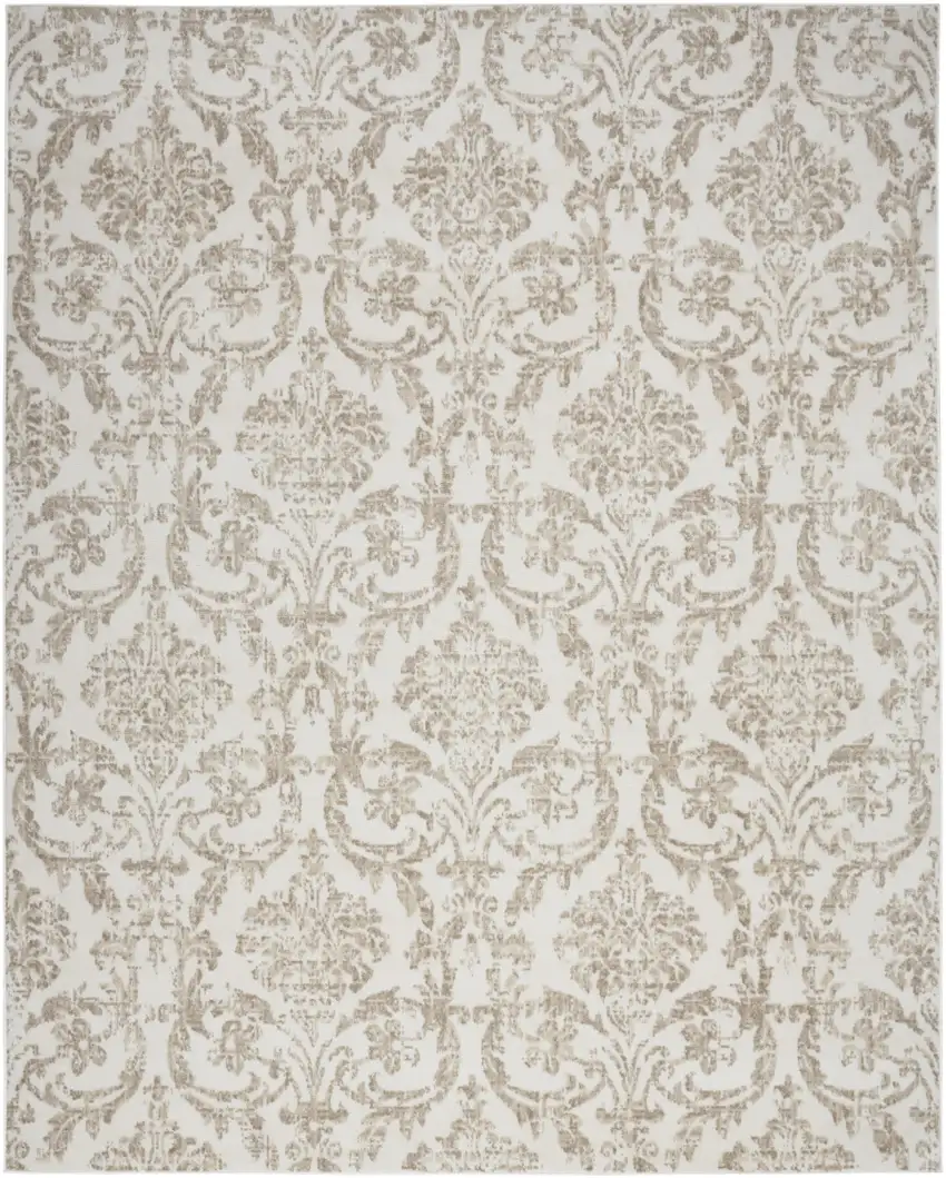 Beige and Ivory Damask Distressed Non Skid Area Rug Photo 9