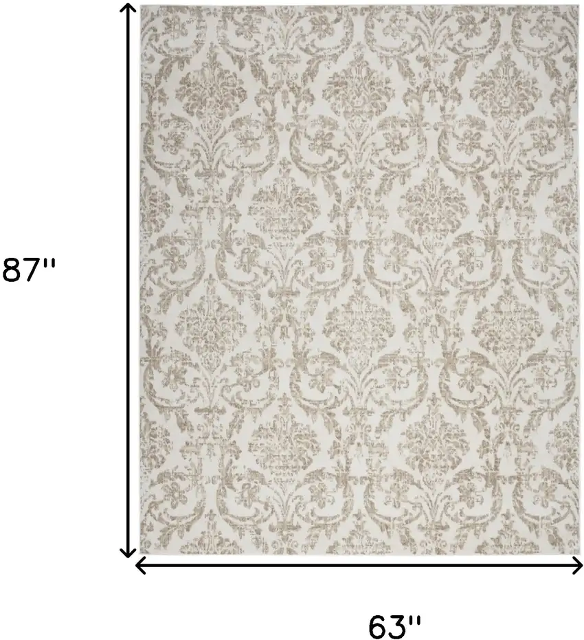 Beige and Ivory Damask Distressed Non Skid Area Rug Photo 3