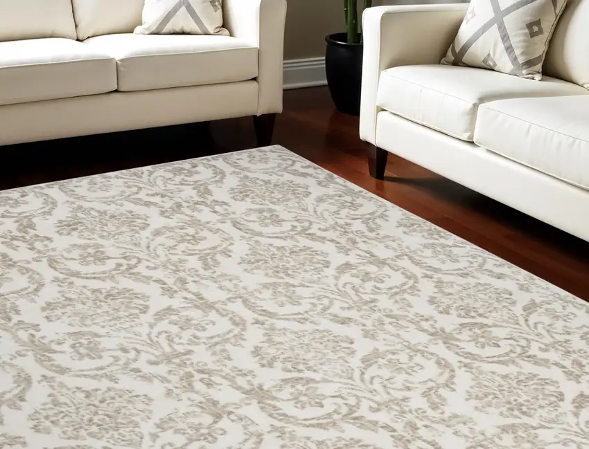 Beige and Ivory Damask Distressed Non Skid Area Rug Photo 1