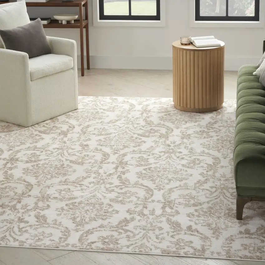 Beige and Ivory Damask Distressed Non Skid Area Rug Photo 4