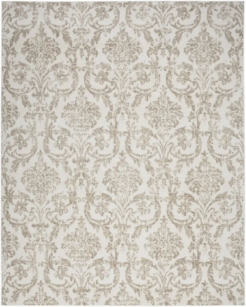 Beige and Ivory Damask Distressed Non Skid Area Rug Photo 2