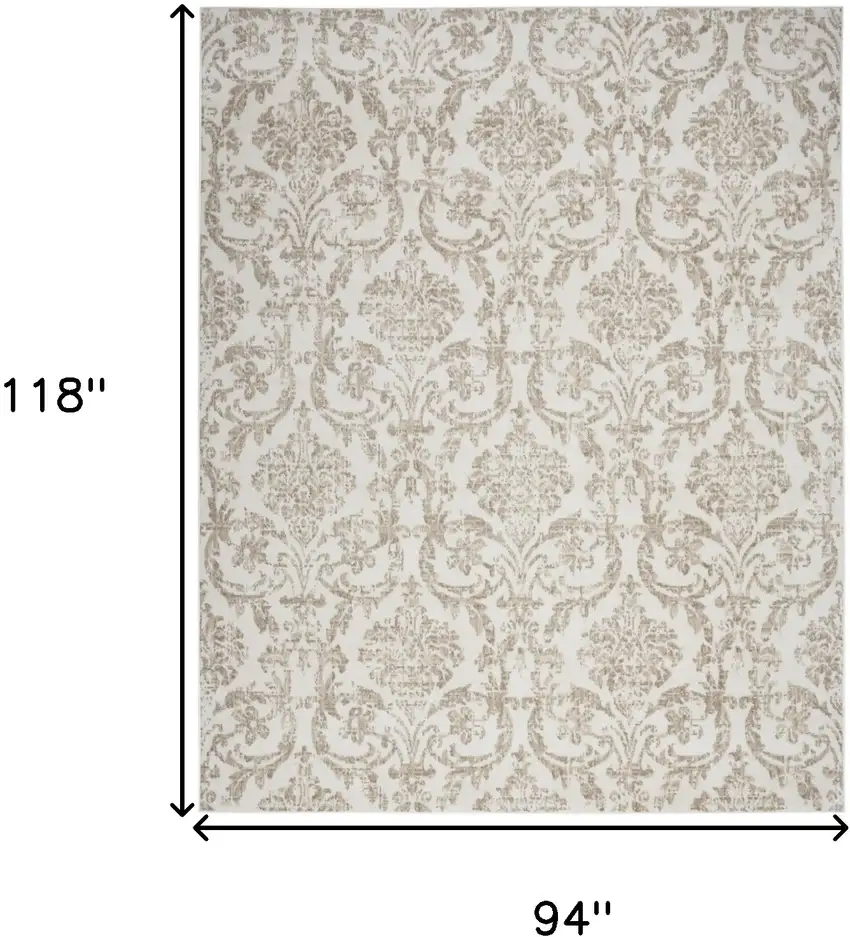 Beige and Ivory Damask Distressed Non Skid Area Rug Photo 3