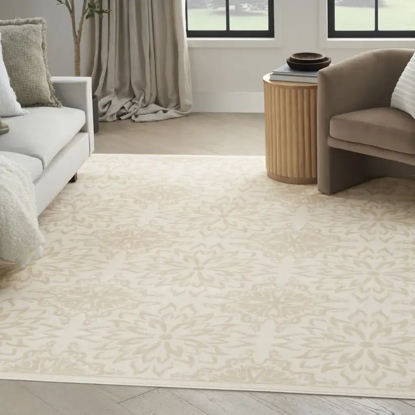 Beige and Ivory Floral Non Skid Area Rug Photo 2