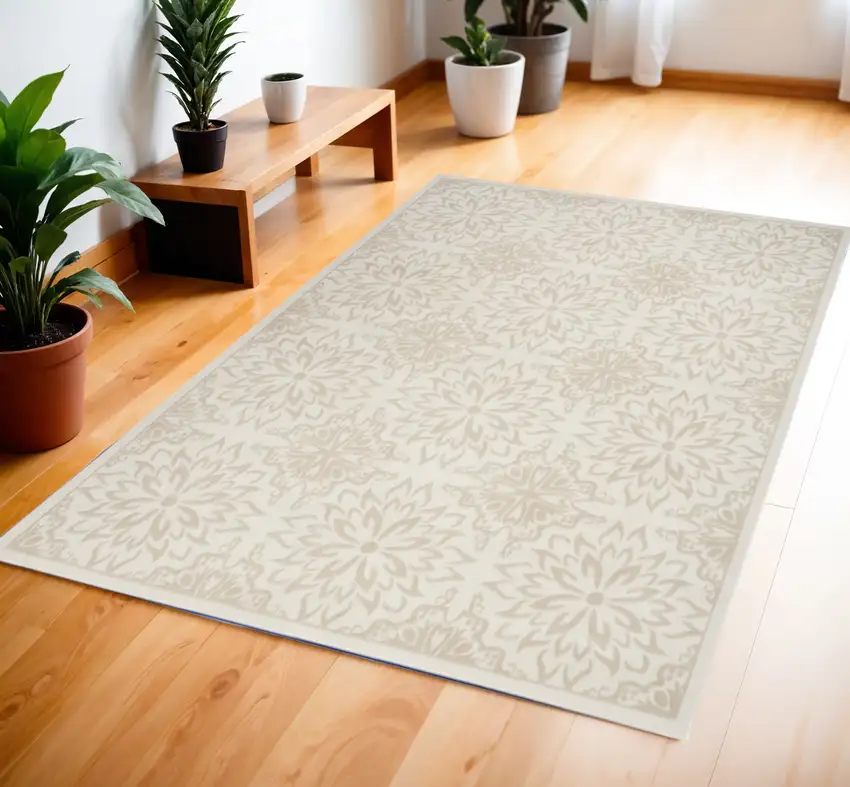 Beige and Ivory Floral Non Skid Area Rug Photo 1