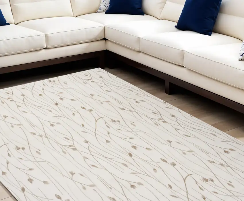 Beige and Ivory Floral Power Loom Area Rug Photo 1