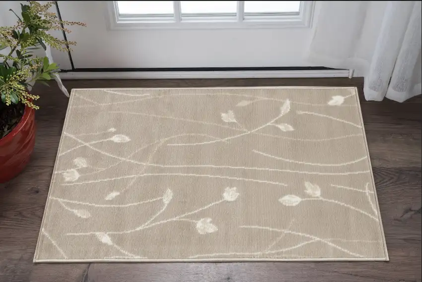 Beige and Ivory Floral Power Loom Area Rug Photo 1