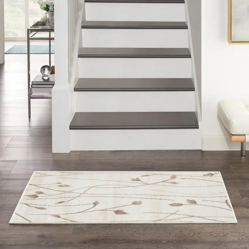Beige and Ivory Floral Power Loom Area Rug Photo 9