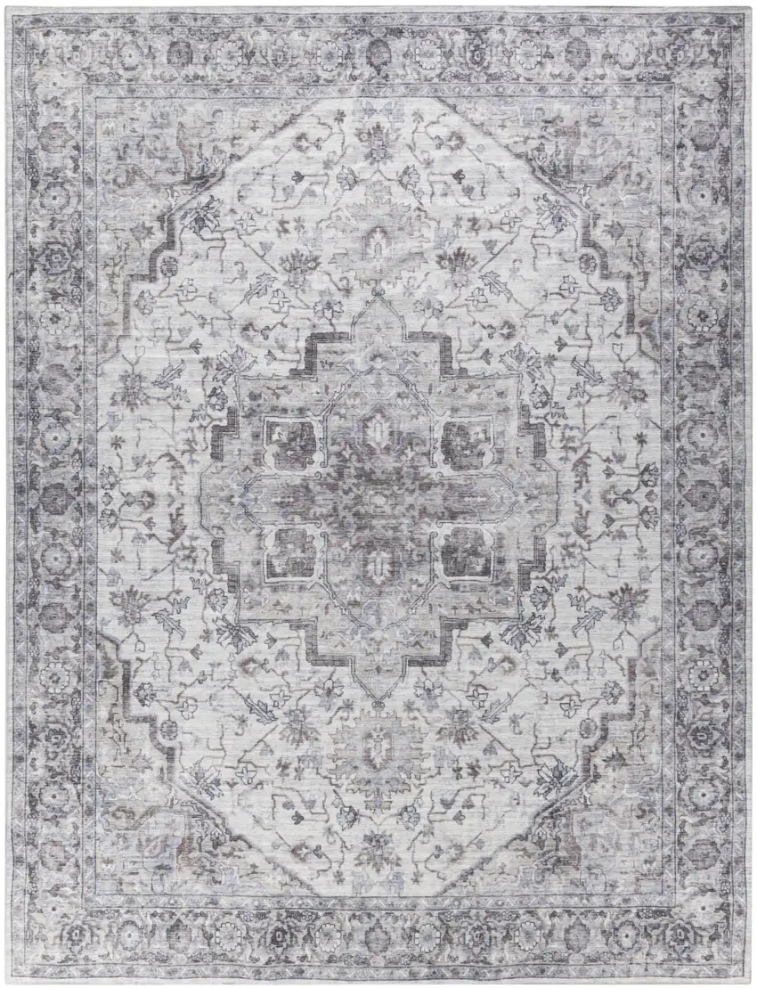 Beige and Ivory Floral Power Loom Distressed Washable Area Rug Photo 1