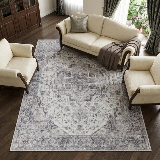 Beige and Ivory Floral Power Loom Distressed Washable Area Rug Photo 1