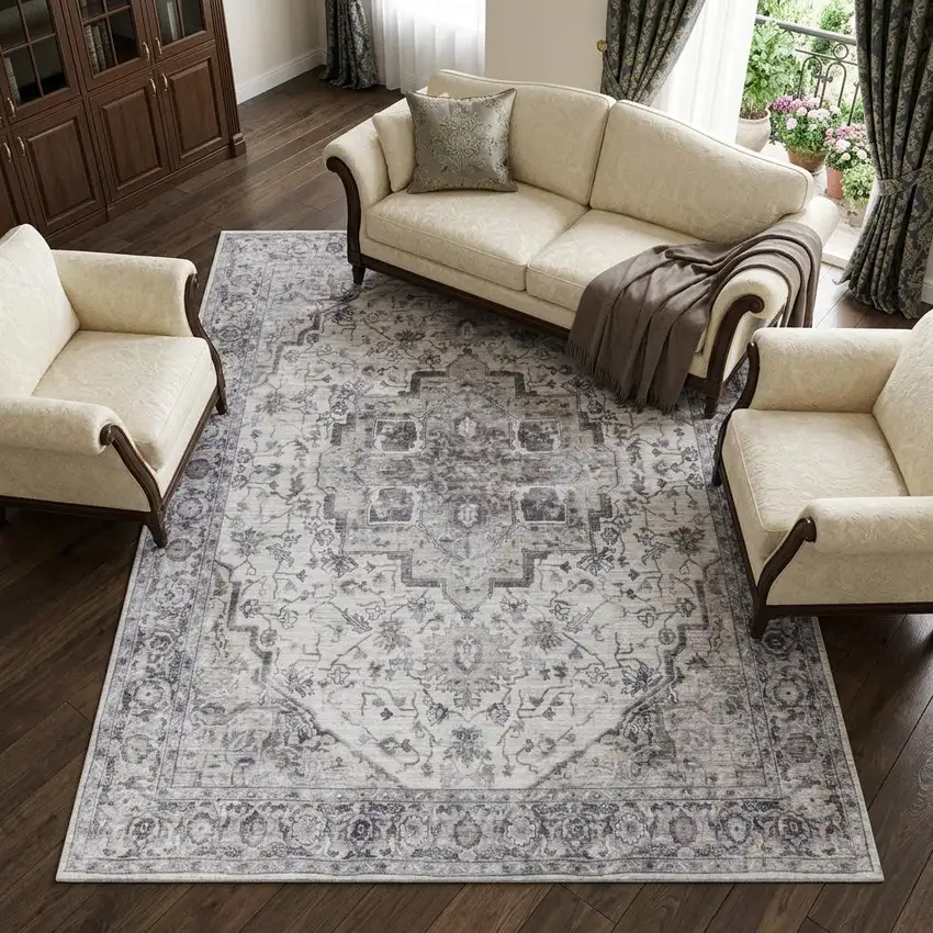 Beige and Ivory Floral Power Loom Distressed Washable Area Rug Photo 1
