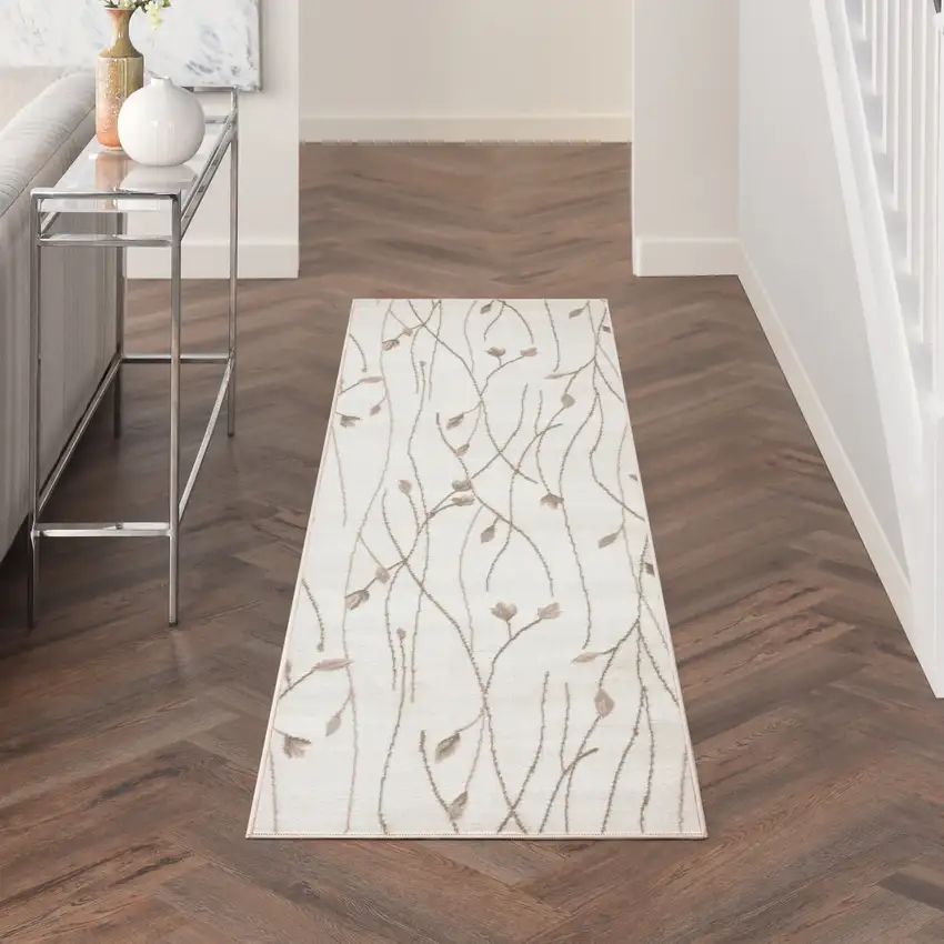Beige and Ivory Floral Power Loom Runner Rug Photo 9