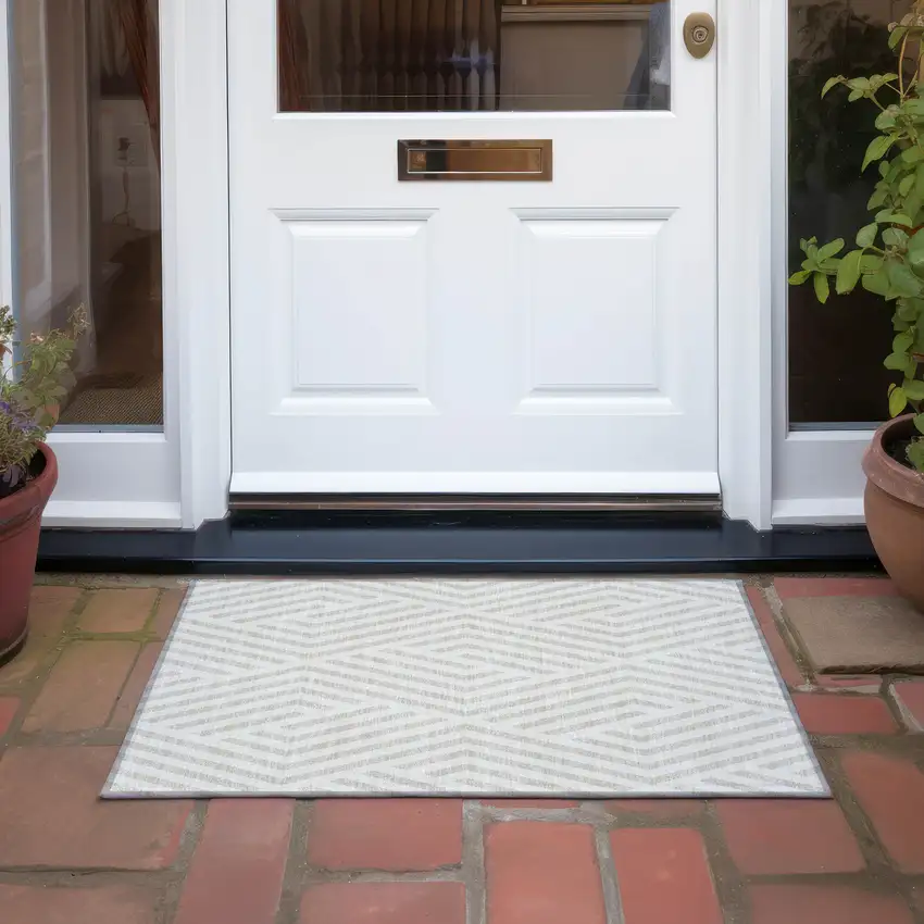 Beige and Ivory Geometric Washable Non Skid Indoor Outdoor Area Rug Photo 7