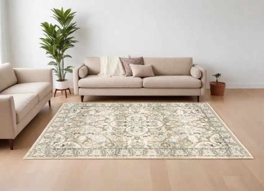 Beige And Ivory Medallion Area Rug Photo 1