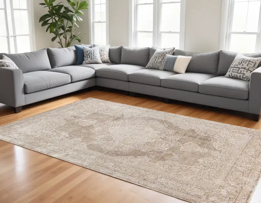 Beige and Ivory Medallion Area Rug Photo 1
